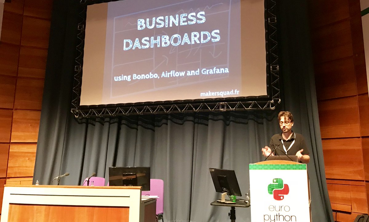 Looking forward to <a href="/rdorgueil/">Romain Dorgueil</a> talk how to build business dashboards with Bonobo, Airflow &amp; Grafana #EuroPython