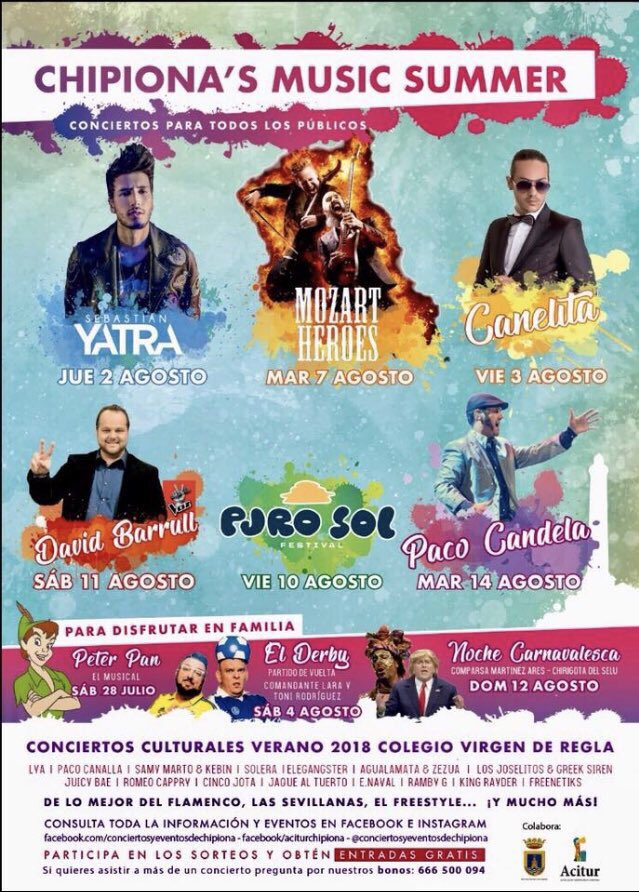 No te pierdas CHIPIONA MUSIC SUMMER(Cádiz) con los conciertos de Sebastián Yatra, David Barrull, Canelita-Lya-Paco Canalla... Para hacerte con tus entradas o infórmarte háblame por mensaje privado✔️