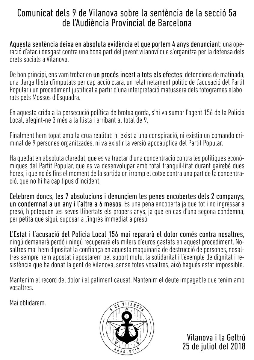 9devilanova's tweet image. ⚓Comunicat dels 9 de Vilanova sobre la sentència emesa ahir per l'Audiència Provincial de Barcelona.⚓

 Vilanova i la Geltrú | 25 de juliol del 2018