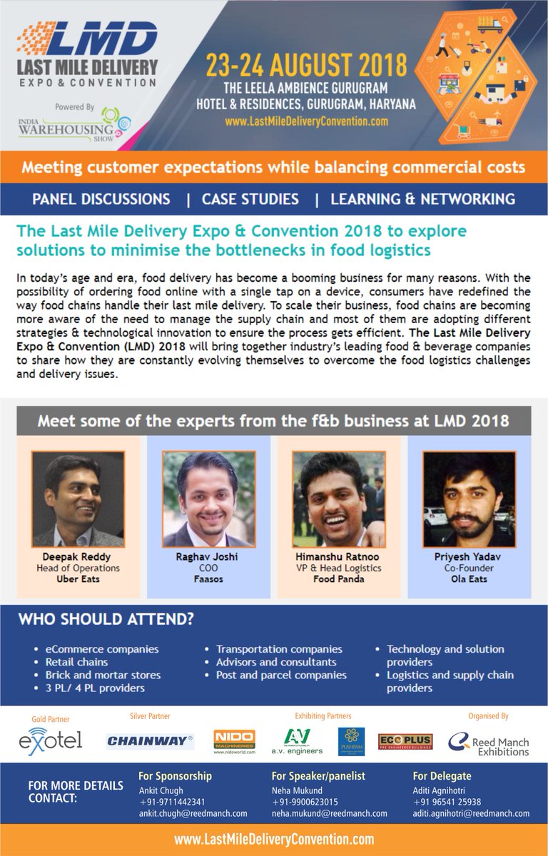Meet companies like <a href="/UberEats/">Uber Eats</a> @FAASOS <a href="/Food/">Food</a> Panda @Ola Eats @ LMD2018 on Aug 23-24, Hotel Leela, Gurugram. Call for details 9654125938 or register @ bit.ly/LMD18 #food #beverage #foodlogistics #foodchains #supplychain #ecommerce #conference #LMD2018
