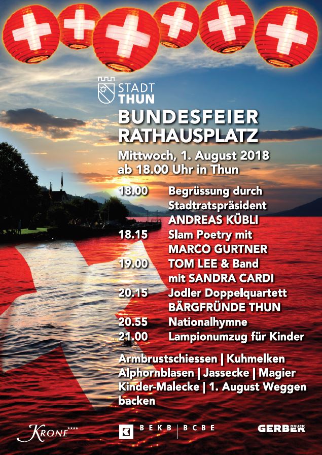 StadtThun's tweet photo. 1. #Augustfeier: Auf dem #Rathausplatz und der #Lindermatte in #Thun, finden nächsten Mittwoch die alljährlichen 1.Augustfeiern statt. Die Feier auf dem Rathausplatz bietet viele neue Attraktionen für jedermann. Mehr dazu:
https://t.co/6hrGXQQms7 https://t.co/t6asFufrlL