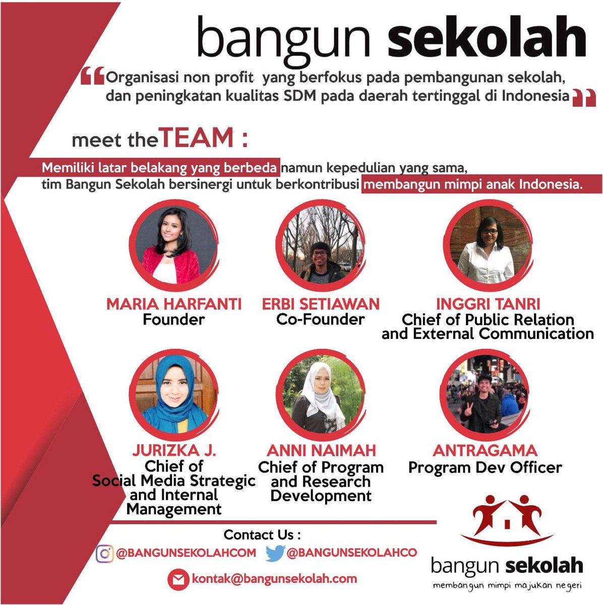 Diinisiasi oleh Maria Harfanti &amp;  digawangi oleh anak muda dari berbagai latar belakang berbeda, Bangun Sekolah berusaha menjangkau daerah pelosok Indonesia demi terwujudnya pendidikan bagi anak-anak negeri.

bangunsekolah.com
<a href="/bangunsekolahco/">BangunSekolah.com</a>
Kalau bukan kita, lalu siapa?