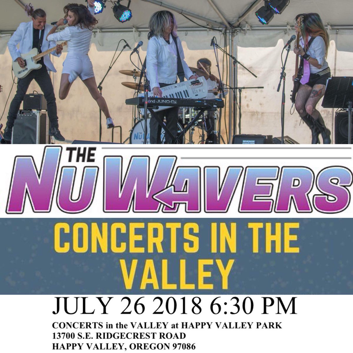 THURSDAY! JULY 26 2018 
The Nu Wavers at Concerts in the Valley at Happy Valley Park 
facebook.com/events/2020048… #oregon #nuwavers @nuwavers #eventband #weddingband #rockband #newschoolcoverband #portland @blakesakamoto