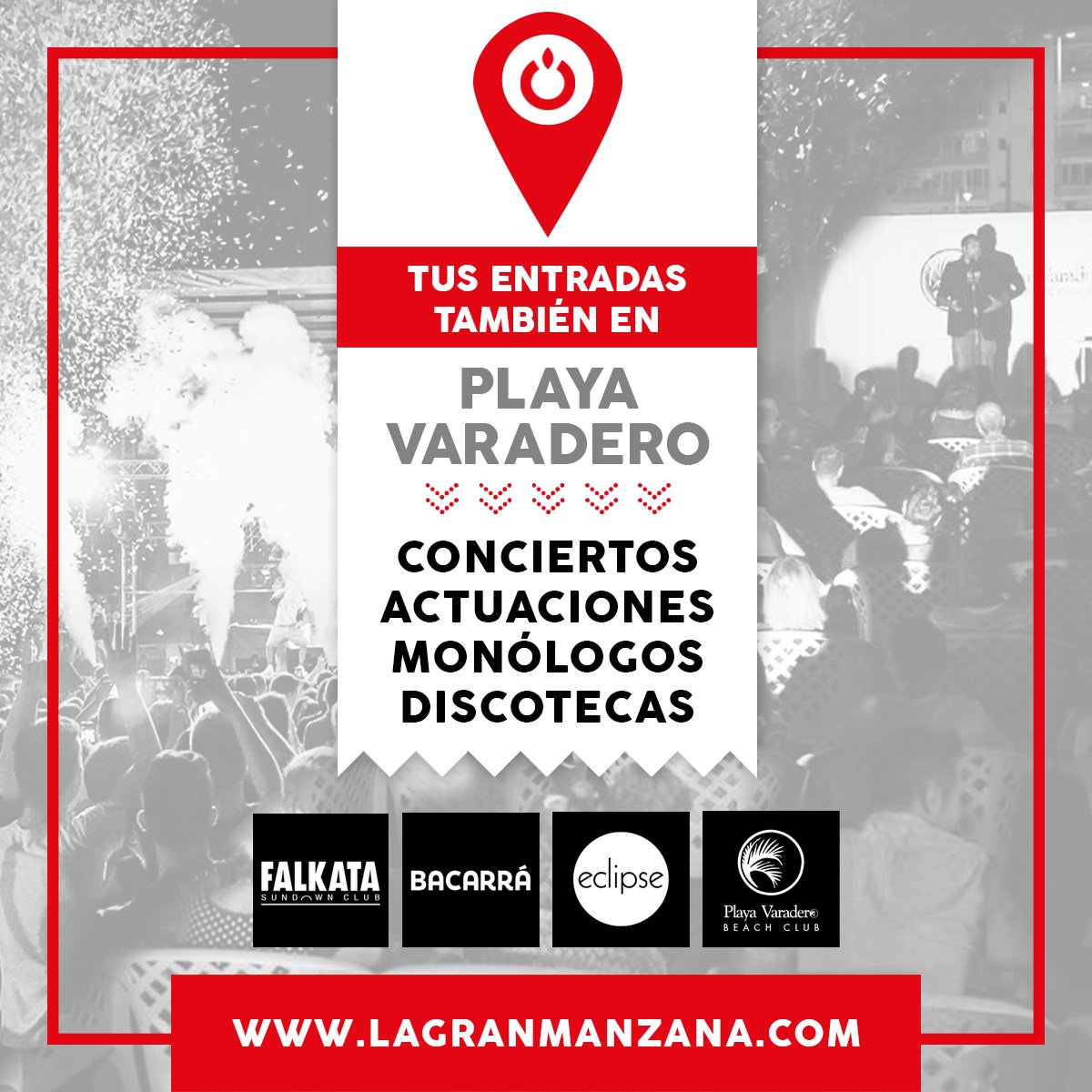 Nuevo punto de venta de entradas para todos los eventos de La Gran Manzana en Playa Varadero Beach Club (Grao de Gandia). #Horario de 18h a 21h.

También por internet en:
lagranmanzana.com/entradas