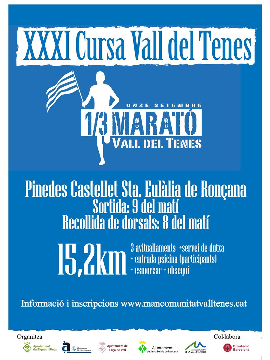 CursaVallTenes's tweet photo. Has vist el cartell de la cursa? El 11 de setembre vine a la XXXI #CursaValldelTenes. Fes la inscripció on-line a https://t.co/6D5jUL9E9v .
Preus: 8€ xip groc, 10€ xip de lloguer, 13€ compra de xip.
@CanalSET @RevistaMarathon @vallesos @VOrientalTv 
#runner #15K  #MitjaMarató https://t.co/EngseisgP0