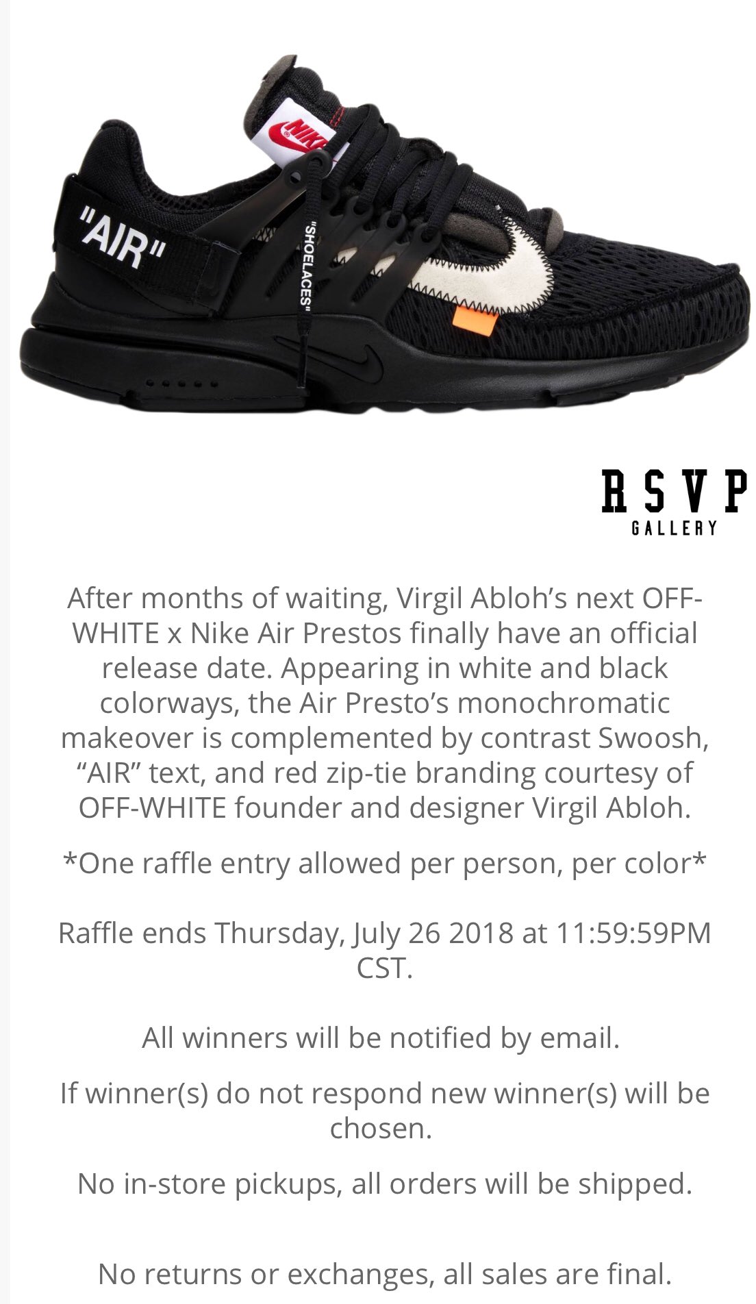 SNKR_TWITR on Twitter: "Off-White x Nike Air Presto online raffle open via RSVPGALLERY #snkr_twitr https://t.co/1JVV9TCsxV" / Twitter