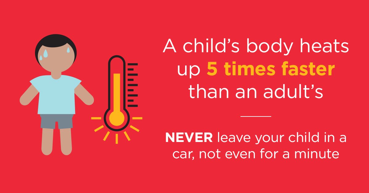 childrens's tweet photo. The risk of heat stroke, brain damage and death is much greater for children left in hot cars. Before getting out of the car, check to be sure everyone is out and lock all doors. https://t.co/NR8xy4CzWK