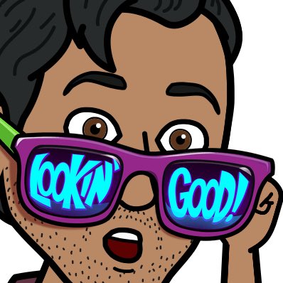 My Bitmoji character is shown with a pair of sunglasses resting atop his nose. The lenses have the words “Lookin’ Good!” on them.