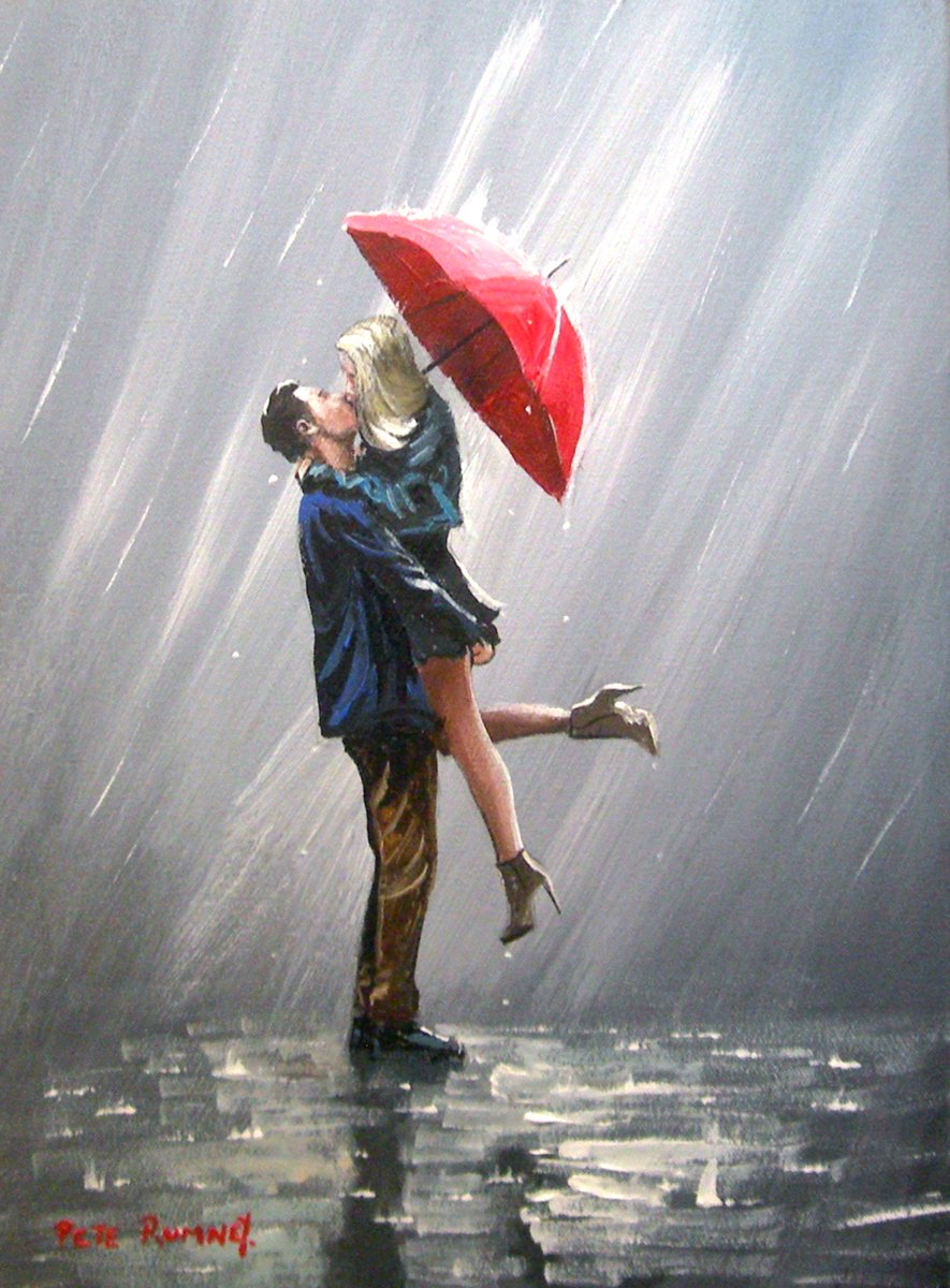 Couple Kissing In The Rain With Umbrella