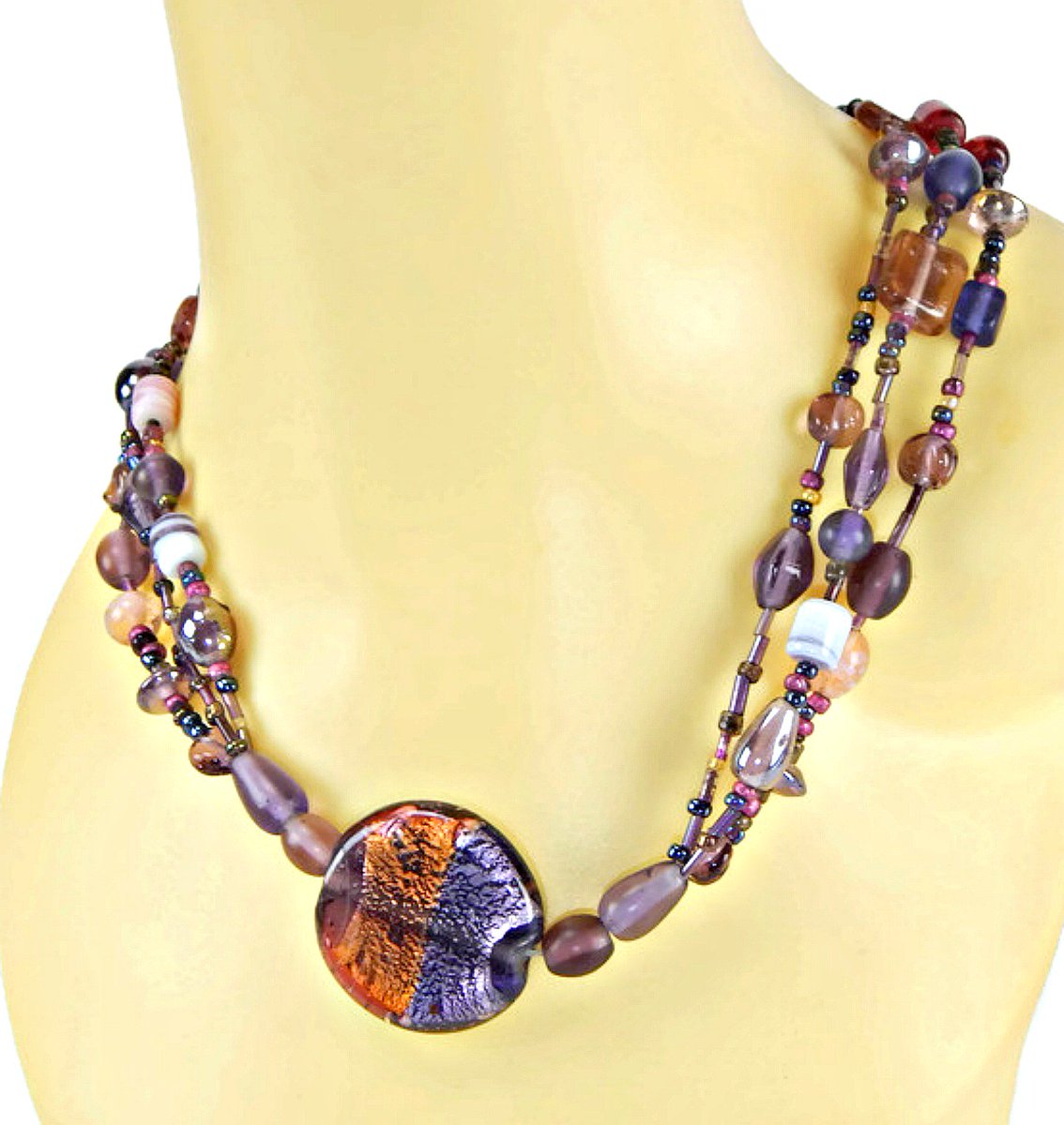 etsy.me/2Lr6lW0 #MultiStrand #DicroicandArtGlass Beads #Pendant #Necklace #PurpleandAmber #ThreeRows #modern #boho #festival #vintage #jewelry #GotVintage