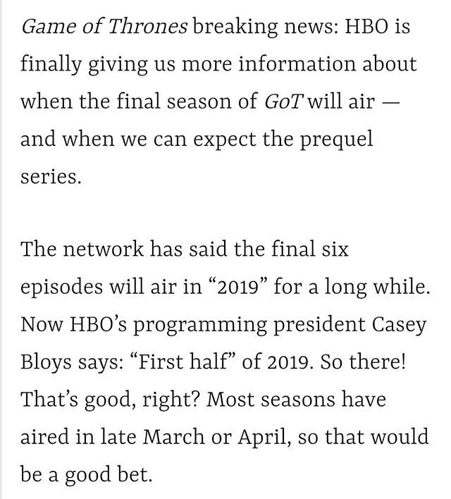 BrotherhoodPod's tweet photo. HUGE NEWS!
#got season 9 to air in "first half" of 2019 according to @entertainmentweekly
.
.
#gameofthrones #asoiaf #nerdy #geek #grrm #GoTS9 https://t.co/cViphsvAgS