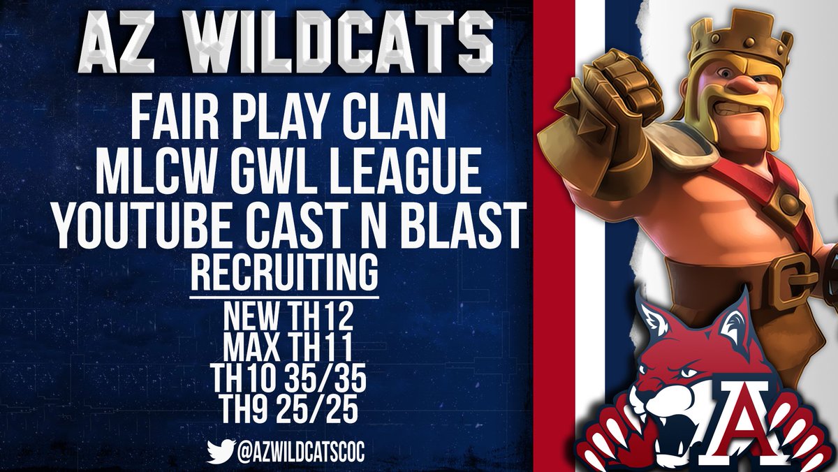 We are looking for some solid players. Come test at 2.0 or join our discord. <a href="/AzwildcatsCOC/">Az w i l d cats</a> has been my amazing home for many years and it is a solid family. We are searching for solid players and really looking for some solid th9s. #ClashOfClans <a href="/ClashofClans/">Clash of Clans</a>