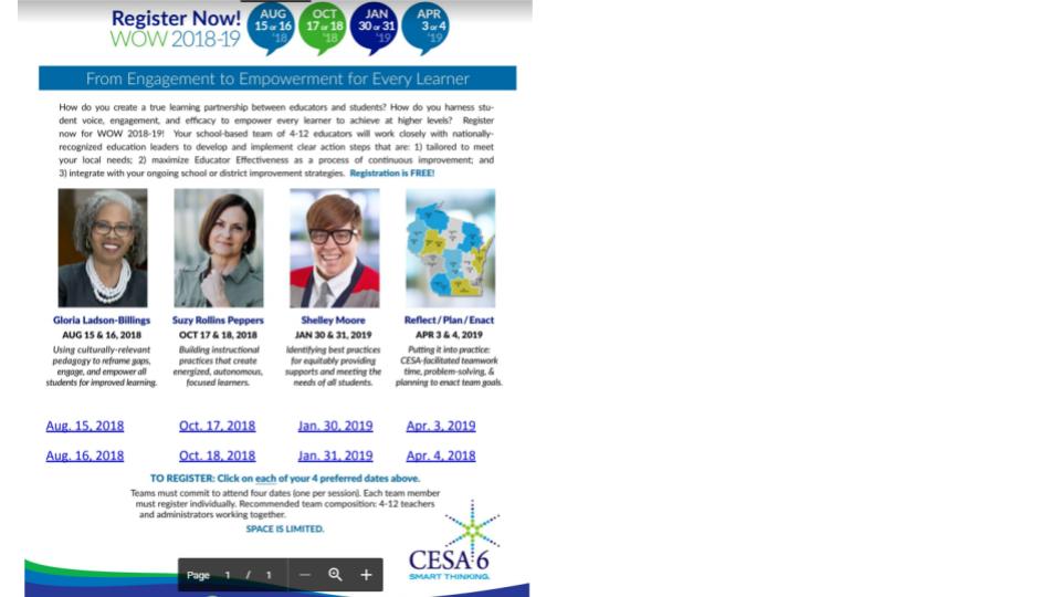 SchlenderJ's tweet photo. #WIEducators - Don't miss out on this great opportunity for FREE Professional Development during the upcoming school year. Contact your local CESA to register. @CESAsix districts go to: https://t.co/buOcOXnqig to sign up now! https://t.co/JKNvT18SED