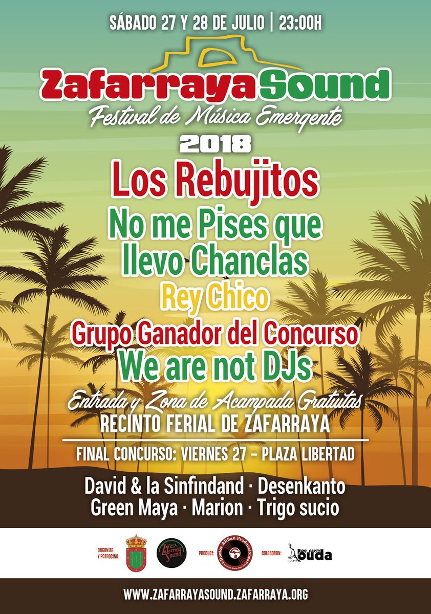 ZafarrayaSound #Festival Música Emergente

➡S.28/07
<a href="/LosRebujitos/">Los Rebujitos</a>
No Me Pises Que Llevo <a href="/chanclasoficial/">No Me Pises Que Llevo Chanclas</a>
<a href="/somosreychico/">Rey Chico</a>

Grupo ganador del Concurso
<a href="/We_Are_Not_Djs/">We Are Not Dj's</a>

➡V.27/07 Final Concurso
David &amp; La Sinfinband
Desenkanto
Green Maya
Trigo Sucio
Marion

quehagogranada.blogspot.com/2018/07/zafarr…