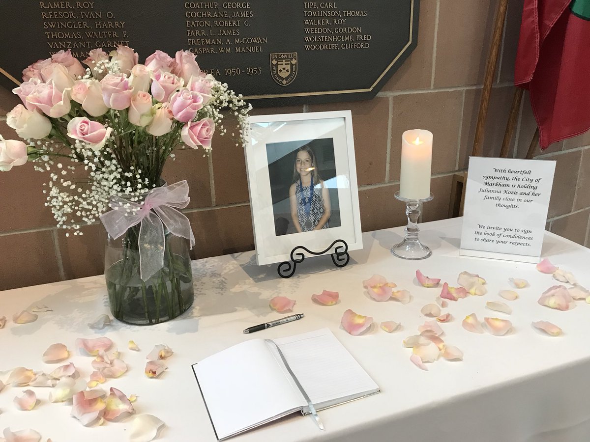 cityofmarkham's tweet photo. Today, the City of Markham is mourning the loss of 10-year-old Julianna Kozis. There will be a book of condolences available for the public to sign in the Great Hall and all flags have been lowered to half mast at the Markham Civic Centre until further notice. https://t.co/isMxm3VHj6