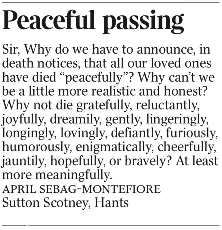 What to do when your irrepressible 92 year old mother starts writing to The Times about Death ....
<a href="/thetimes/">The Times and The Sunday Times</a>