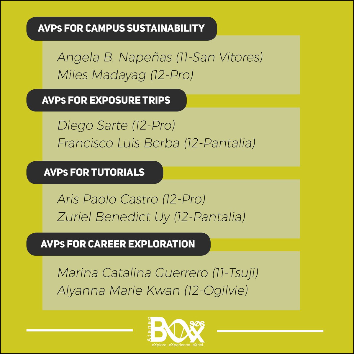 AteneoBOxSHS's tweet image. ANNOUNCEMENT OF APPOINTED ASSOCIATE VICE PRESIDENTS (AVPs) AND CORE HEADS:

What’s up BOx-SHS members?

The results of the screening process for AVP and Core Head Applications are finally out. Congratulations and we look forward to working with you!

#AllForBOx