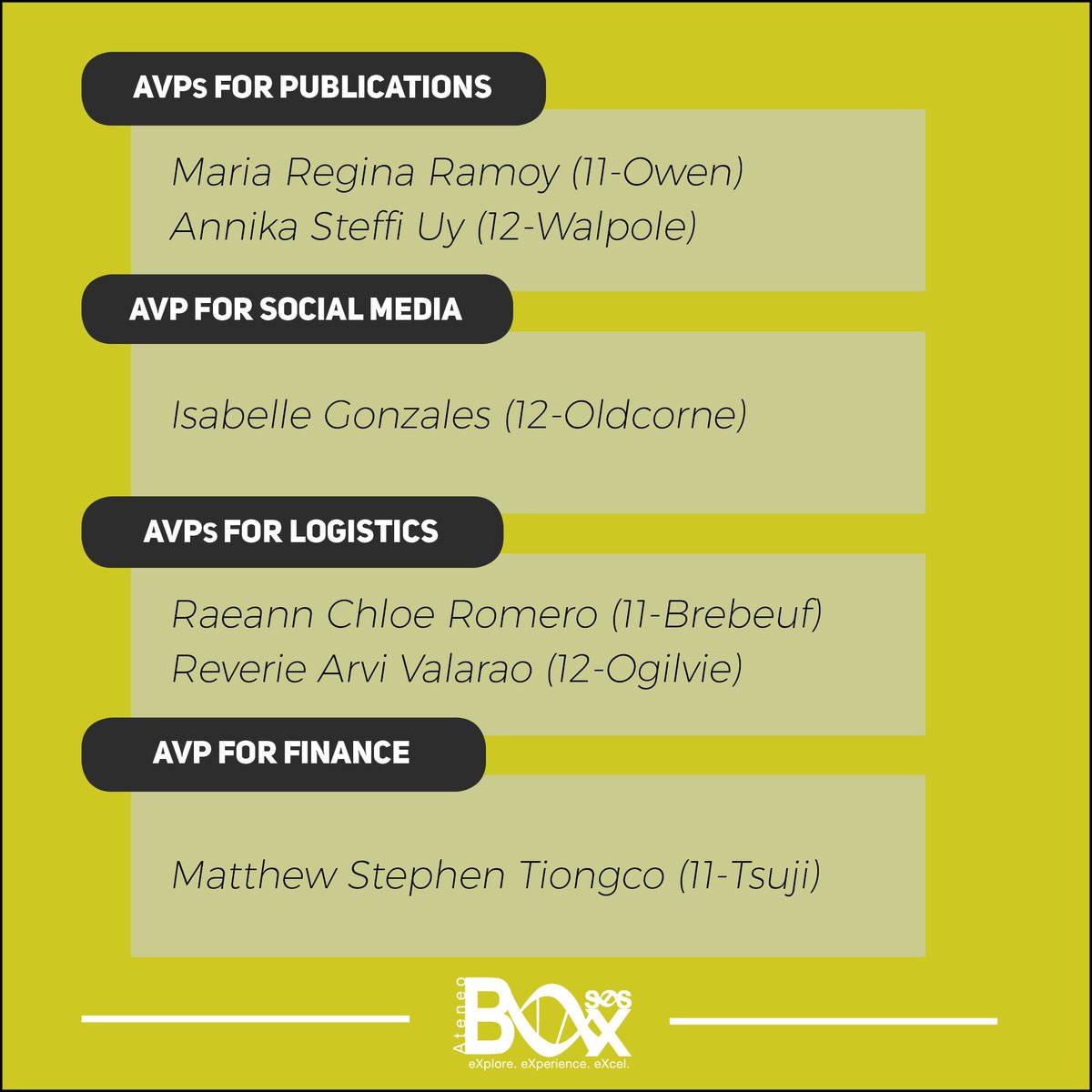 AteneoBOxSHS's tweet image. ANNOUNCEMENT OF APPOINTED ASSOCIATE VICE PRESIDENTS (AVPs) AND CORE HEADS:

What’s up BOx-SHS members?

The results of the screening process for AVP and Core Head Applications are finally out. Congratulations and we look forward to working with you!

#AllForBOx