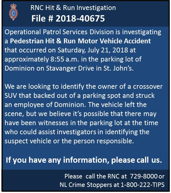 RNC_PoliceNL's tweet photo. Can you help us with this #pedestrian Hit and Run investigation from Dominion on Stavanger Drive in #yyt on Saturday, July 21, 2018? Anyone with information is asked to contact us or @NLCrimeStoppers #nltraffic #nlcrime https://t.co/1xiSwdBThO