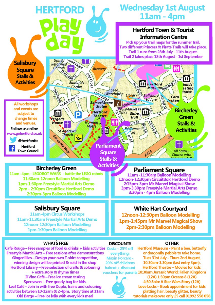 HertfordTC's tweet photo. Lots of #freebies &amp; #discounts in #Hertford TODAY for #Hertfordplayday @leafcafe_uk @Specsavers @Hertfordlibrar1 @OldBargeDuchess @CostaCoffee @maxinporcaro @CafeRougeTweet @HertfordMuseum @gomovehome @hertfordtheatre @WhiteHart1827 https://t.co/ifvz7r1872