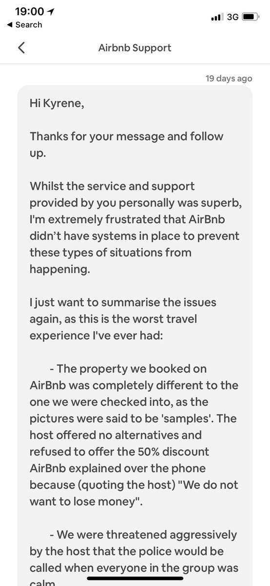 DGSlaughter's tweet photo. @AirbnbHelp DM me after my tweet apologising for my #badexperience, saying they’d follow up on my case. Frustrating to receive the same message this morning asking if I still wanted a $200 voucher! I’ll now be approaching the media with my story below. #airbnbexperiences @Airbnb https://t.co/CMXKbLC7l6