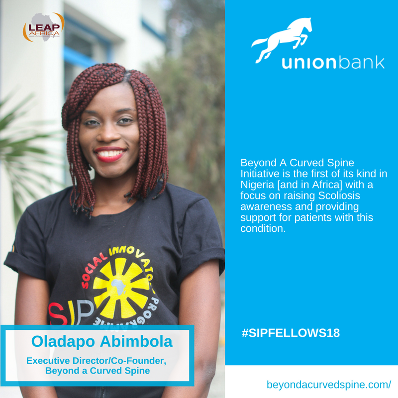 LEAPAfrica's tweet photo. Her name is Oladapo Abimbola; ED & Co-founder @beyondacurvedspine and she is an #SIPFellow
She founded an initiative to raise awareness for scoliosis and provide support for patients.
Be like Abimbola!
Apply today for the Social Innovators Programme at https://t.co/sfGr2pb0aJ https://t.co/T5YF25GHXL