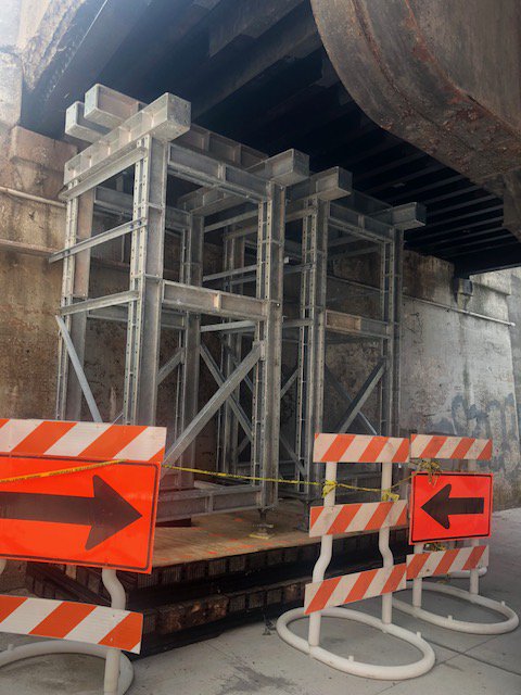 The modular MASS 25 light duty propping system components can be used as individual shores. They can also be built into towers and trusses using standard components, such as on this project in New York City where a bridge needed to be jacked a few in inches in two locations.