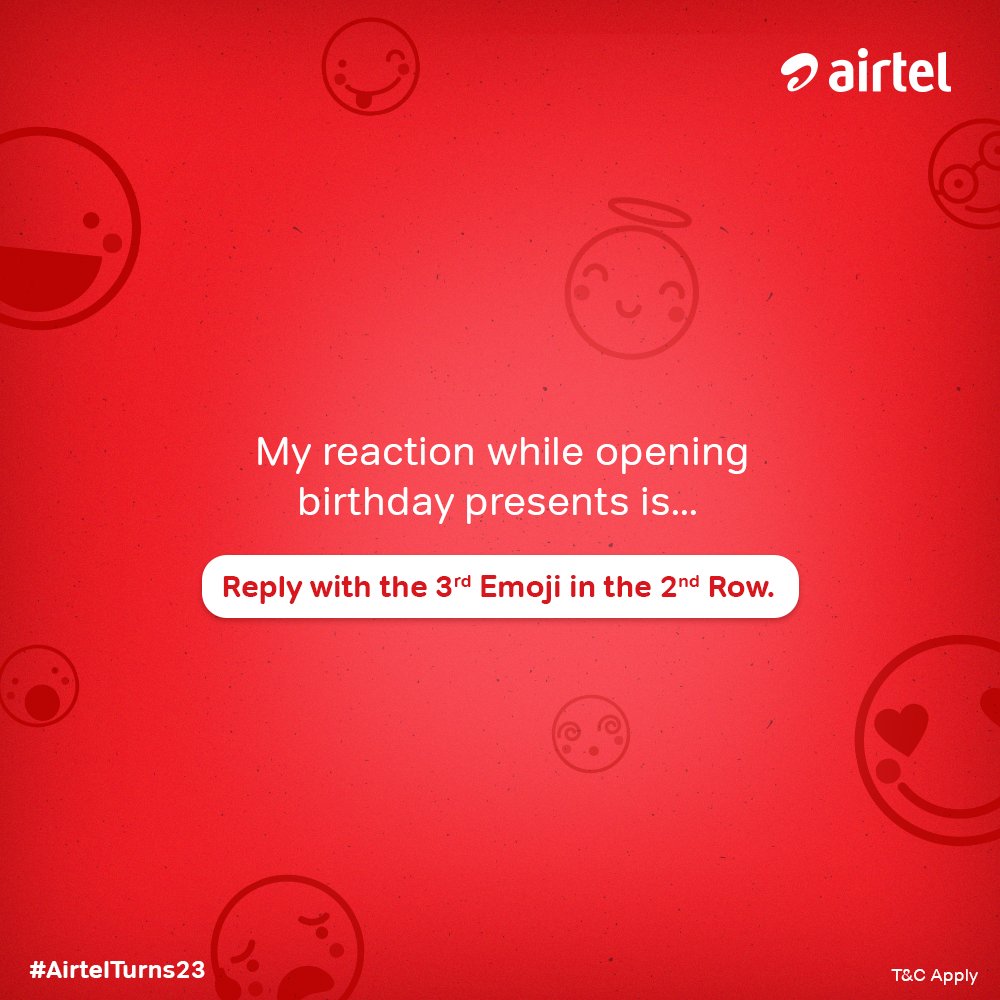 airtelindia's tweet photo. Birthdays are a time of lots of emotions - but you can use only three emojis. Complete this sentence with your most used three emojis. #AirtelTurns23 #ContestAlert 
Terms and Conditions apply: https://t.co/NvbGFClysF https://t.co/5OTD0QaKcH