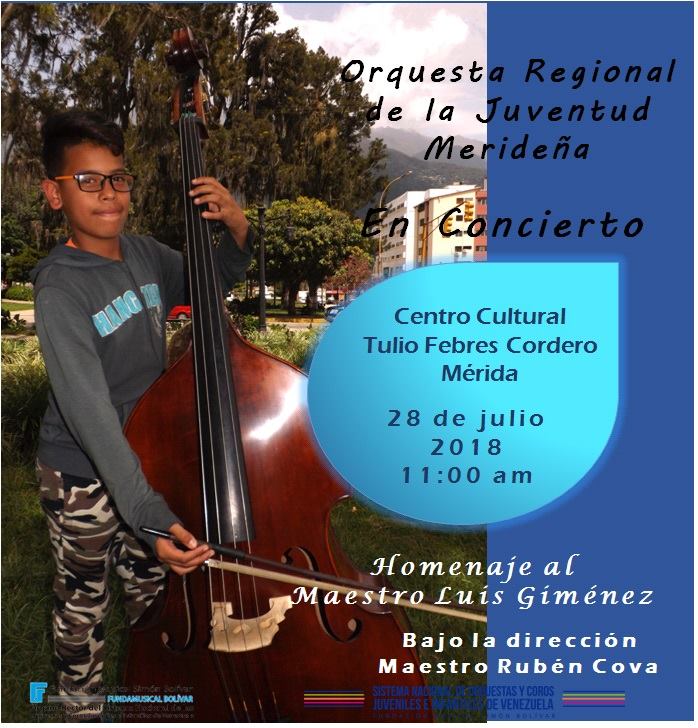 #vamosalconciertoOrquestasRegionales 
Este sábado 28 de julio de 2018, adquiere tus entradas en el Núcleo Mérida, Glorias Patrias,también podrás adquirirlas el mismo día del concierto en el "Centro Cultural Tulio Febres Cordero"  forma de pago: transferencias y efectivo.