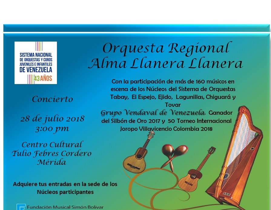 #vamosalconciertoOrquestasRegionalessábado28dejul 
Adquiere tus entradas en el Núcleo Mérida, Glorias Patrias,también podrás adquirirlas el mismo día del concierto en el "Centro Cultural Tulio Febres Cordero"  forma de pago: transferencias y efectivo.