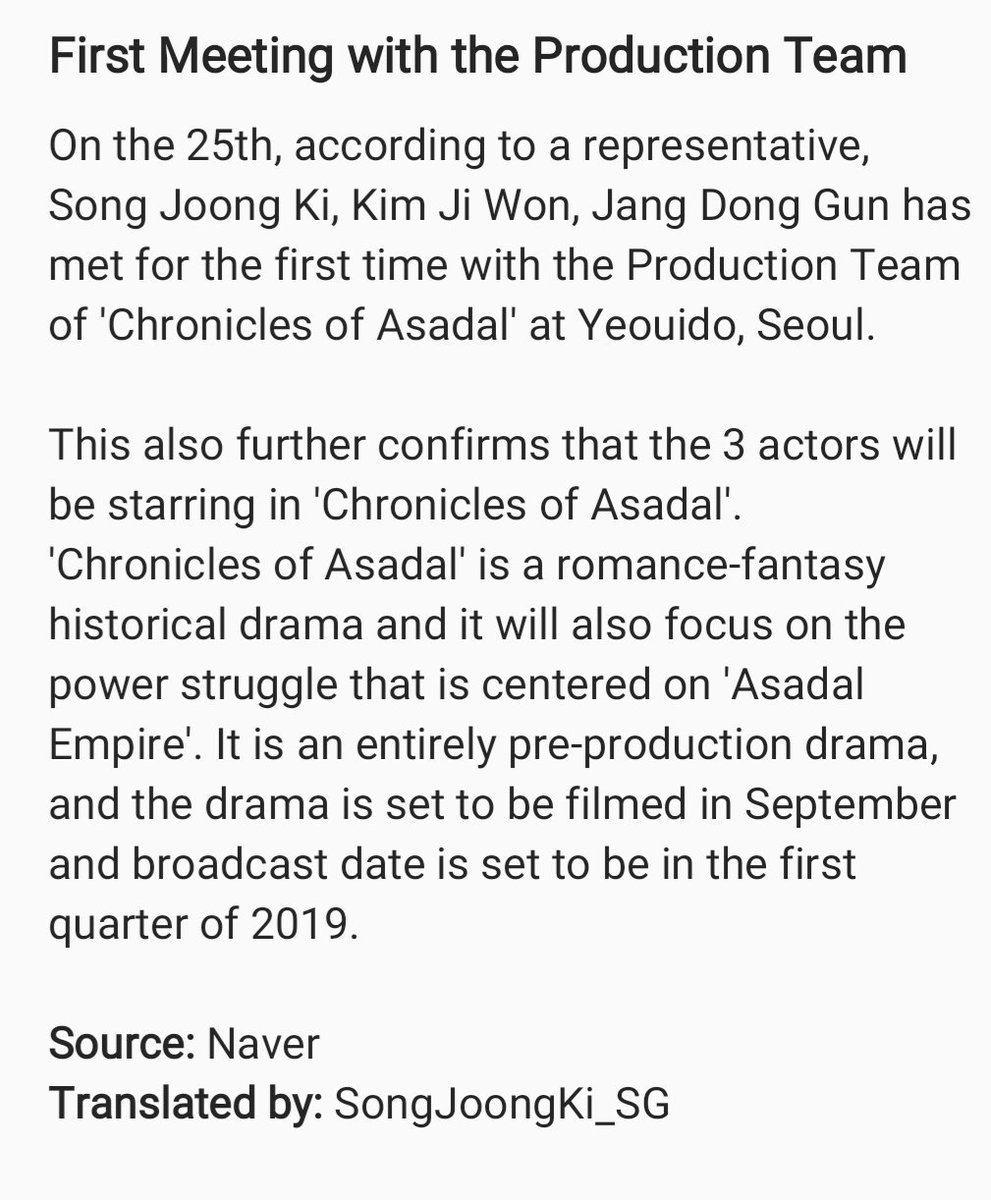 SongJoongKi_SG's tweet photo. [NEWS] 180725 Song Joong Ki and co-stars of 'Chronicles of Asadal' has successfully completed first meeting with the Production Team

Click on pic for full translation. 
#SongJoongKi
#KimJiWon 
#JangDongGun https://t.co/5pbzPYss8s