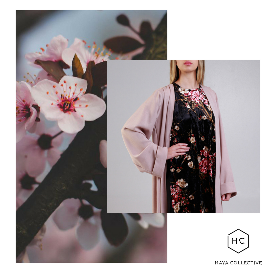 HayaCollective's tweet photo. Oriental blossoms. Inspired by nature. 
Shop Jasmin Velvet Inner Dress (R399) and more limited edition new arrivals now at https://t.co/rCfNxtq764. Styled with our Classic Coat Abaya in Blush or Grey for a polished look. 

#NewArrivals #ShopNow #Modestwear https://t.co/CupEE0prIB
