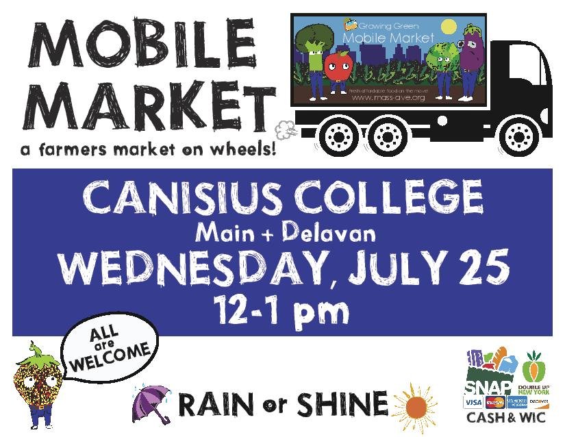 Canisius_Univ's tweet photo. Stop by the Massachusetts Avenue Mobile Food Project, a farmer's market on wheels, today, Wednesday, July 25 in the Health Science lot on East Delavan and Spillman Ave. from 11 a.m to 1 p.m. @MassAveProject #FoodThatMoves https://t.co/pOKacNvfhY