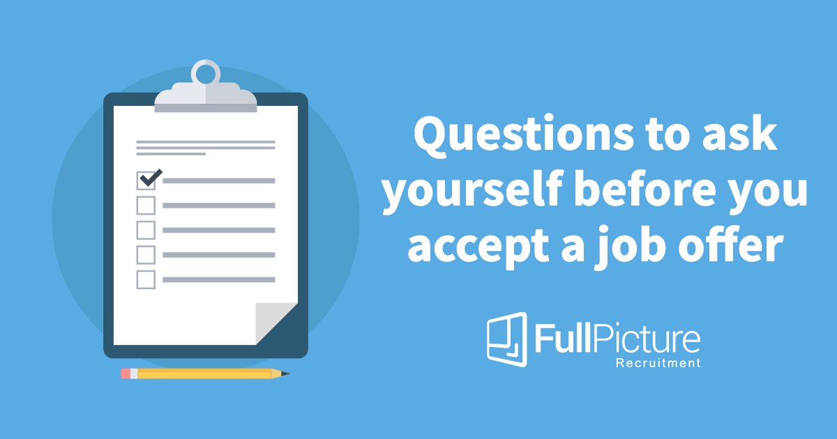 FullPicture_Rec's tweet image. Being offered a job is great, but knowing whether to accept it is a little tougher. Here our team pin-point some questions you should probably ask yourself before giving your final answer. bit.ly/2JTCEqJ #RecruitmentBlog #AdviceBlog #JobOffer #CareerAdvice