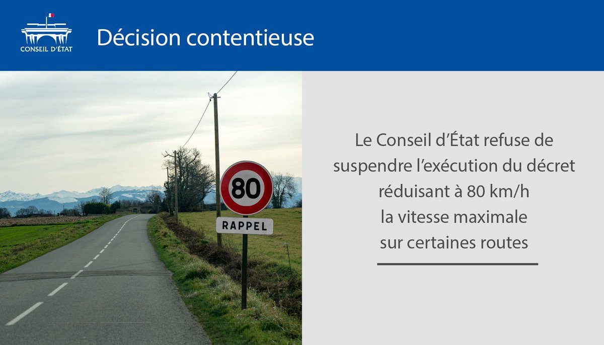 Conseil_Etat's tweet image. Réduction de la vitesse maximale à #80kmh : statuant en procédure d’urgence, le Conseil d’État refuse de suspendre l’exécution du décret  : bit.ly/OrdonnanceCE80…