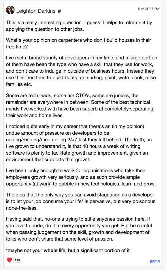 ThePracticalDev's tweet image. &quot;What&apos;s your opinion on programmers who are not passionate about programming, have no side projects and only program at their jobs?&quot;

Thread: dev.to/pungiish/progr…
{ commenter: @LeightonDarkins }