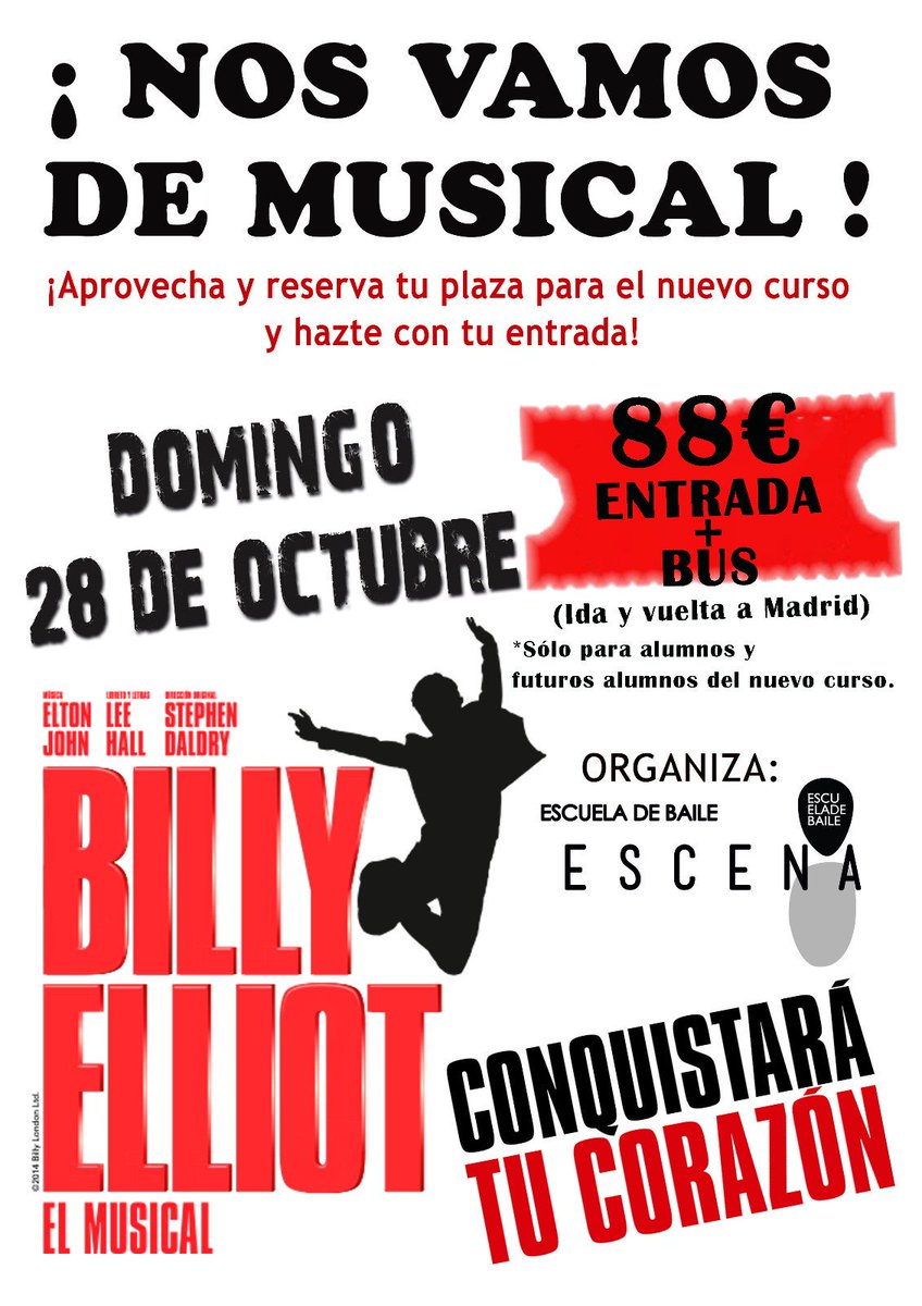escena_edb's tweet photo. ¡¡ MUSICAL BILLY ELLIOT !!
28 DE OCTUBRE

¡Haz tu reserva ya con tu inscripción al nuevo curso!

No lo dejes para el último día ¡¡ PLAZAS LIMITADAS !!

¡EN OCTUBRE BAILAMOS CON BILLY ELLIOT!

#billyelliot #musical #vueltaalcole #zamora #escena #sueñaybaila #prohibidodejardebailar https://t.co/yKXCB3wld4