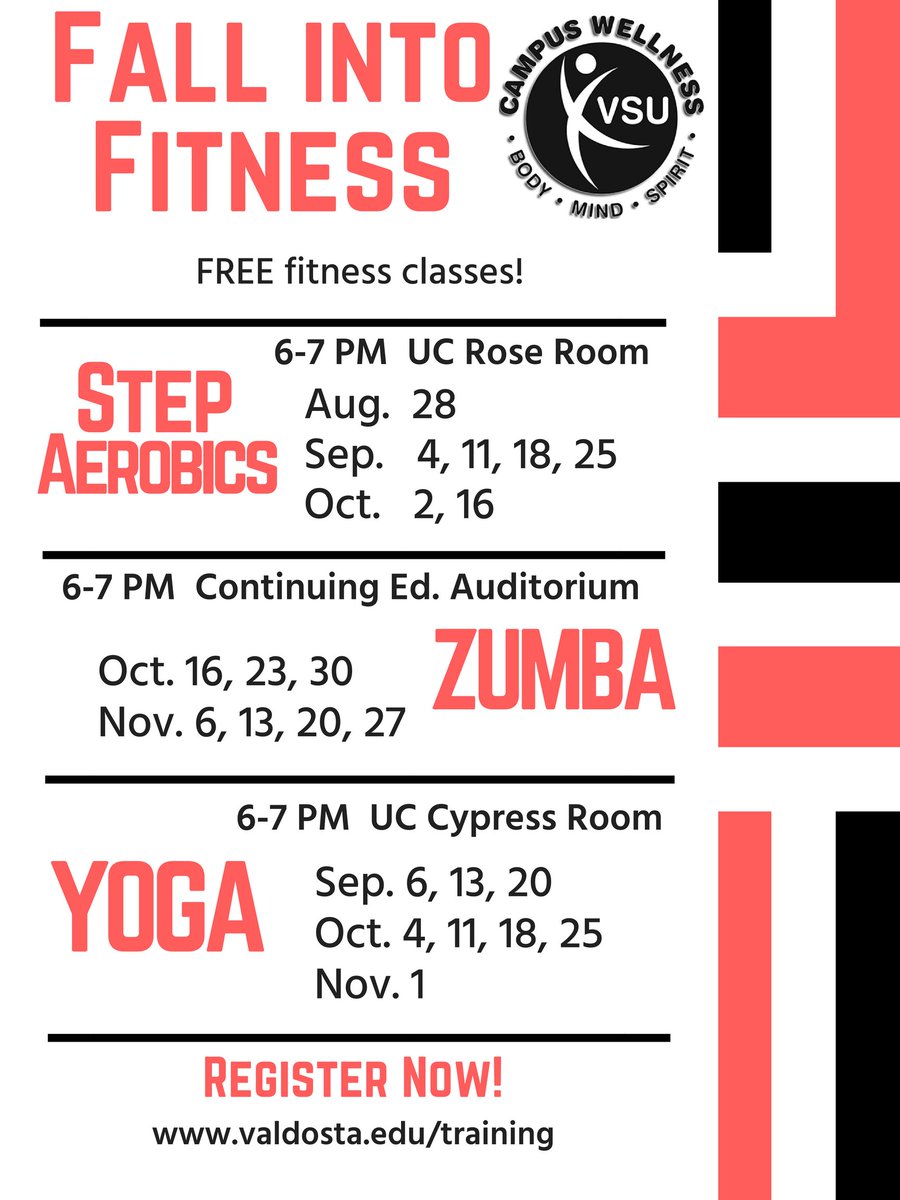 VSU_Wellness's tweet photo. Join us this fall for FREE fitness classes! https://t.co/NGXzXtwt7A