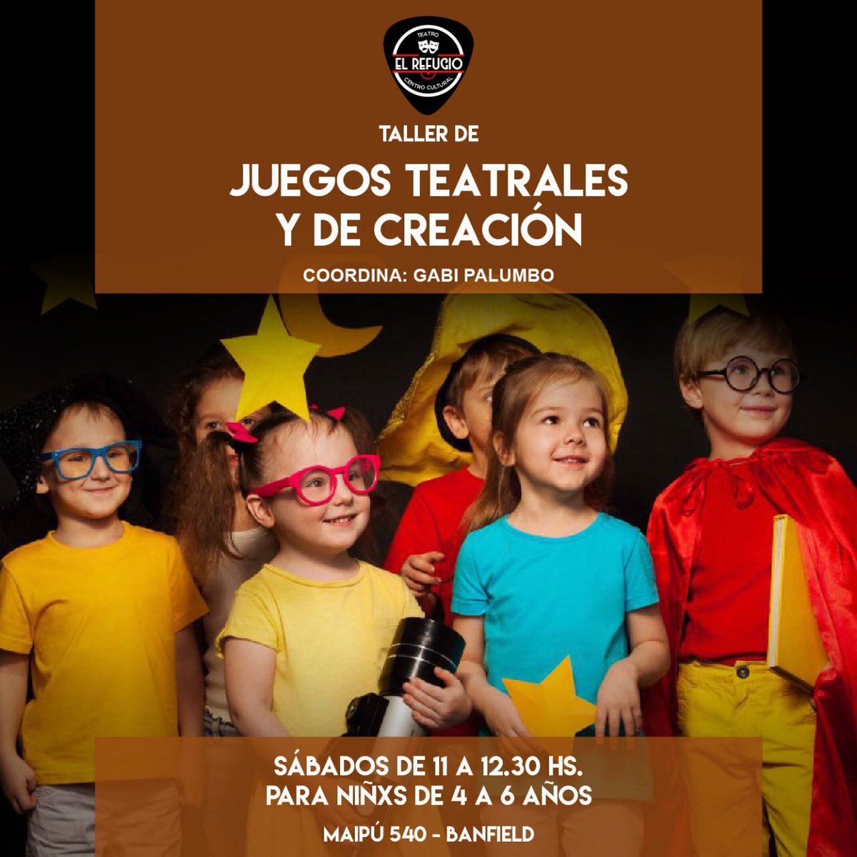 ¡NUEVO TALLER! ✨

🌈 JUEGOS TEATRALES Y DE CREACIÓN 

👧🏽 Para niñxs de 4 a 6 años
📆 Sábados de 11 a 12.30 hs
🙋🏻‍♀️ Coordina: Gabi Palumbo