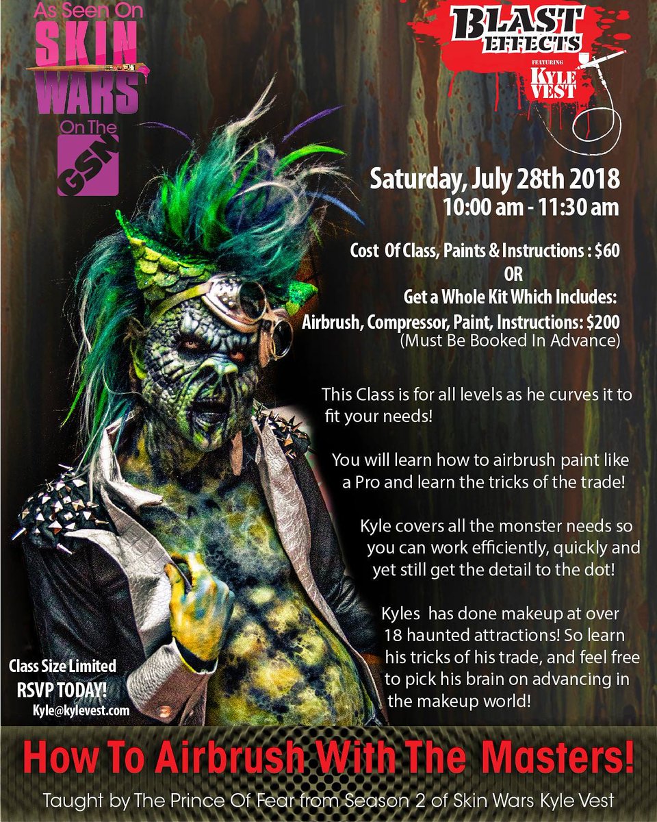 SkinwarsKyle's tweet photo. @MidsummerScream dont miss out on learning #Airbrushing #prosthetics by #PrinceofFear from @SkinWarsShow @blasteffects #teamkyle Saturday and Sunday morning #getpainted https://t.co/jGEfgzTWOL