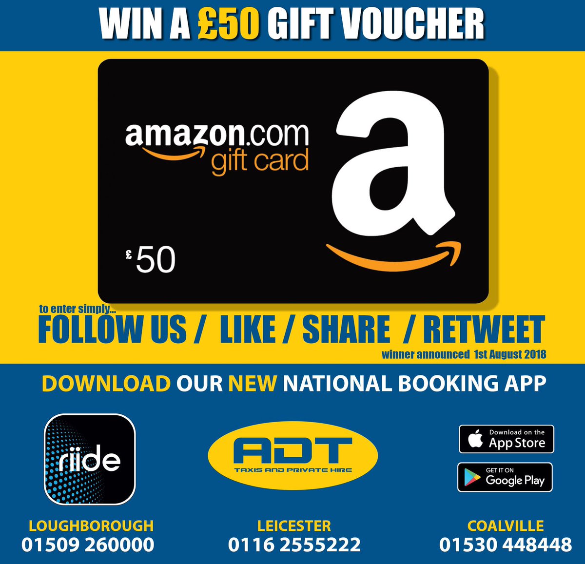 TakeMeLeics's tweet photo. WIN WIN WIN £50 Amazon Voucher ! To enter FOLLOW US, Like/Share or Retweet/♥ and tell us what you would like to spend £50 on if you win !! Good Luck ! #amazon #gift #voucher #prize #raffle #freebie #competition #win #winner #adttaxis @adttaxis https://t.co/MivRma37uF