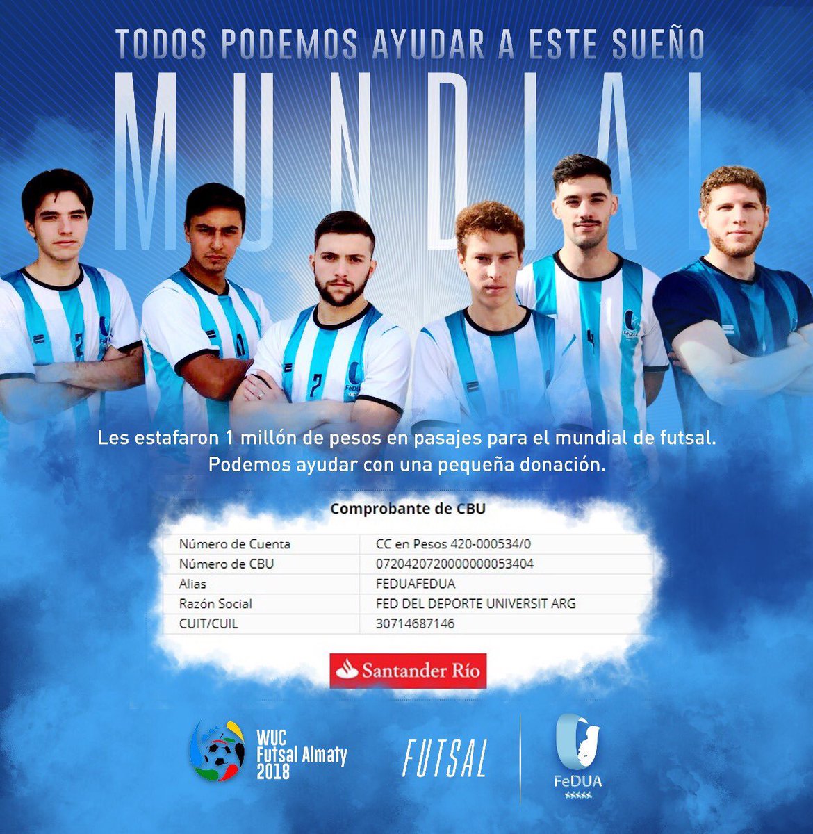 cocosily's tweet photo. La seleccion de futsal universitario fue estafada por una agencia de viajes. Este miércoles 01/08 acercate al microestadio de Ferro (Martin De Gainza 260) a ver buen Futsal vs. La selección de AFA y ayudalos a llegar al mundial de Kazajistán ⚽️@adostoquesfut @pasionfutsal https://t.co/GOivPNOysH