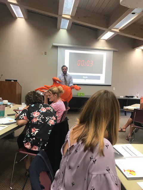 'Can you think of a time when you were having a crabby day and someone made you smile and turned your day around?' The stuffed crab made an appearance yesterday during administrative assitan..... Director of First Impressions training! #NewTitles #k12prchat