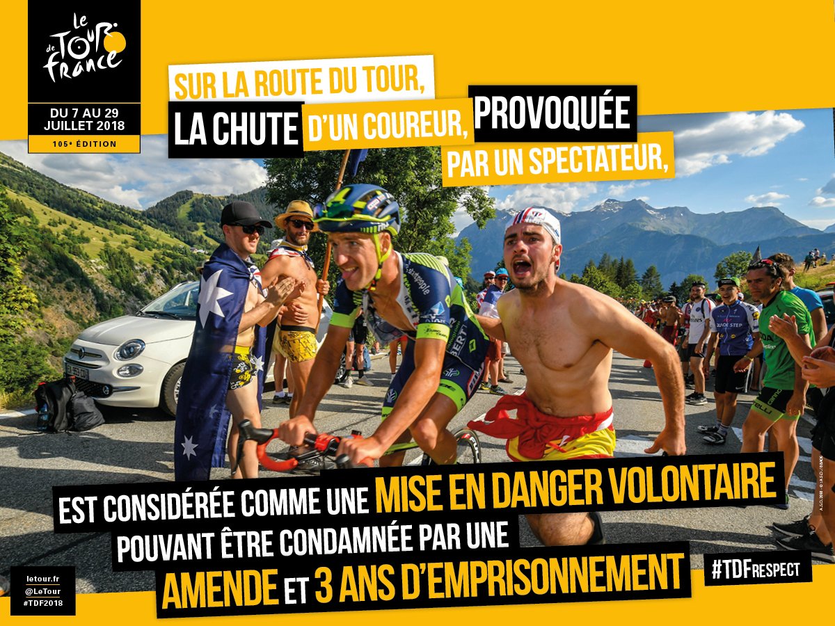 LeTour's tweet photo. ⚠STOP⚠
Respectez les coureurs, vous risquez. 
❌ 1 amende 
❌ 3 ans d'emprisonnement 

⚠STOP⚠
Respect the riders, you risk:
❌ 1 fine 
❌ 3 years imprisonment
#TDFrespect 
@Continental_fr > https://t.co/L48czhpH8m 
#TDF2018 https://t.co/xBmPs9L6SI