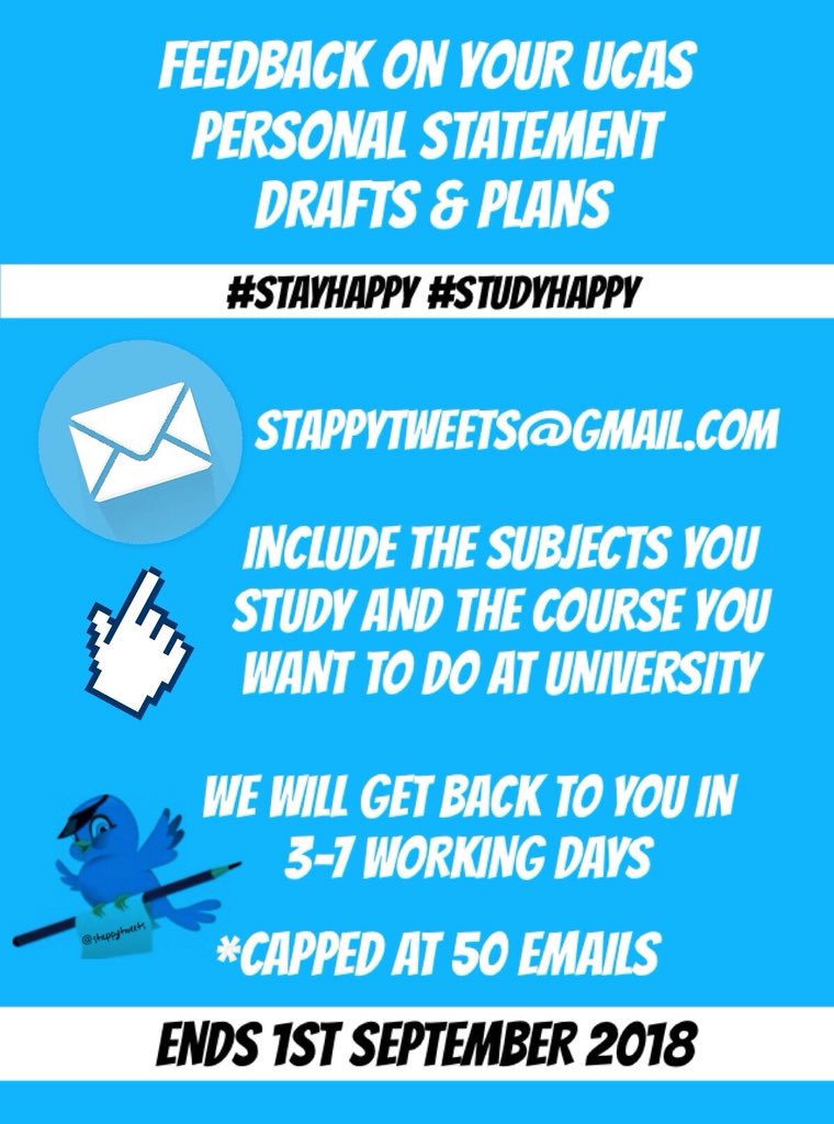 stappytweets's tweet photo. Calling all upcoming Year 13 students!📣 Want a head start with your UCAS personal statement? 

@stappytweets will now give feedback on your drafts and/or plans. 

Simply email them to; stappytweets@gmail.com with what subjects you study and the degree you are applying for!📩 https://t.co/kvX6655y0c
