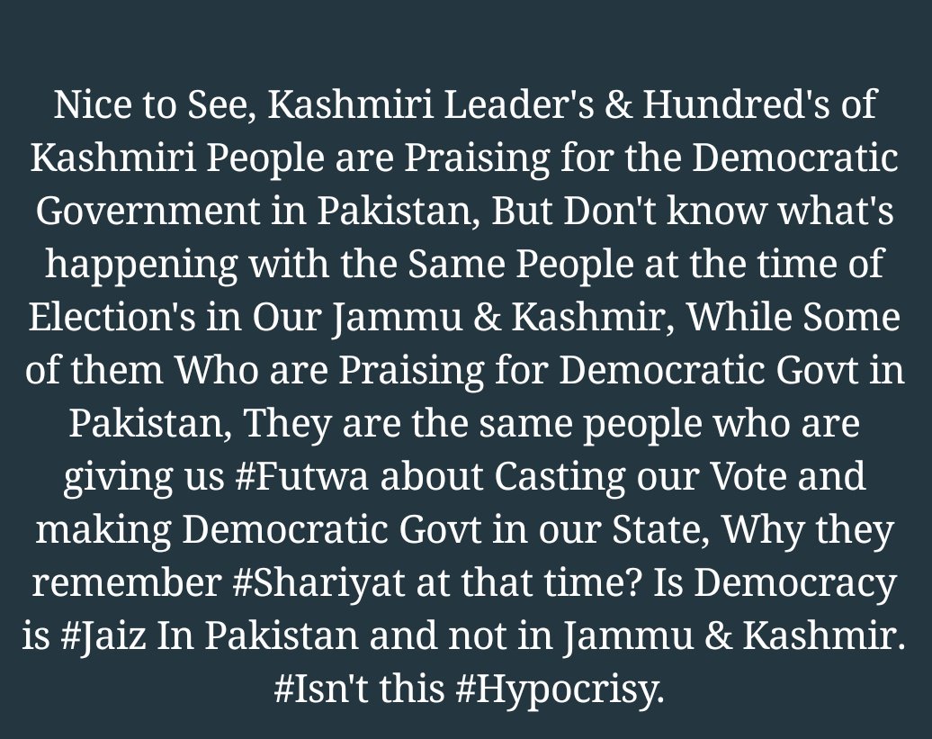 Wajahatfarooqbt's tweet photo. Isn't this #Hypocrisy of Pakistan and Kashmiri Separatists, at the time of Election's in Our Jammu and Kashmir, They are giving us #Futwa, that the Democracy is a #Haram in #Islam, Now the Same People are Praising for the democratic Government in Pakistan.
#PakistanElections2018 https://t.co/f50Tpo4C8B