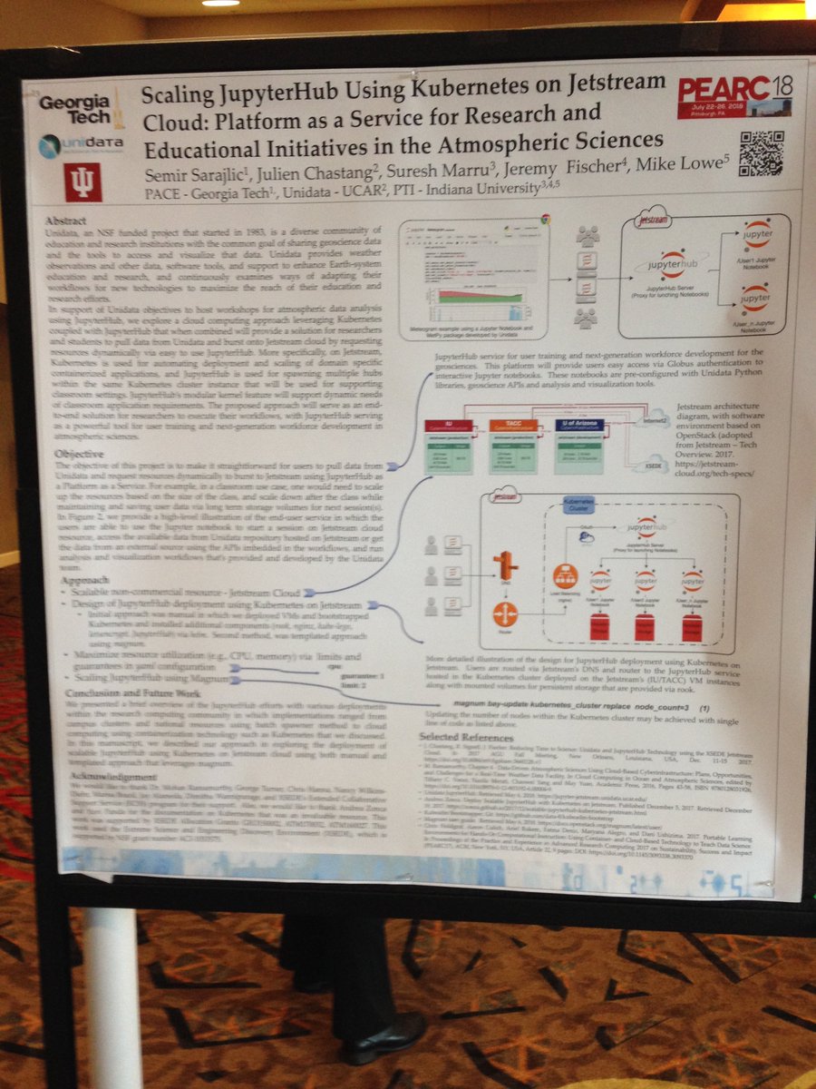 globus's tweet image. Check out this cool poster on “Scaling JupyterHub Using Kubernetes on Jetstream” -- at #PEARC18  #jupyterhub #Kubernetes #Jupyter #jetstream_cloud