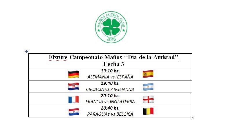manhosfc's tweet photo. Disputada la segunda fecha, aquí el resultado y el fixture de la fecha 3.
Quien está para Campeón?
🇦🇷🇪🇸🇩🇪🏴🇭🇷🇵🇾🇧🇪🇫🇷 🏆 #TripleC #BethaniaViajes #CompuShop #MasterIndumentarias #NacionalVidrios https://t.co/79gVjB4NgA