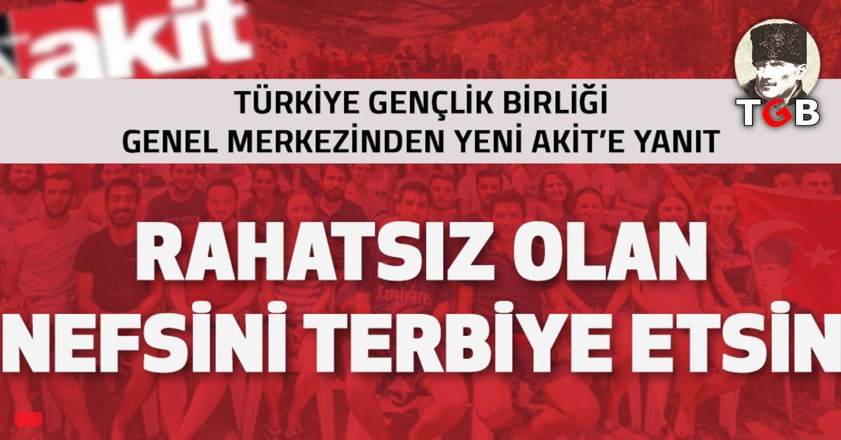 BodrumTGB's tweet photo. Türkiye Gençlik Birliği Genel Merkezi'nden Yeni Akit'e yanıt: Rahatsız Olan Nefsini Terbiye Etsin!
https://t.co/xwwjWc7nR5 https://t.co/HSRkEkWlYs