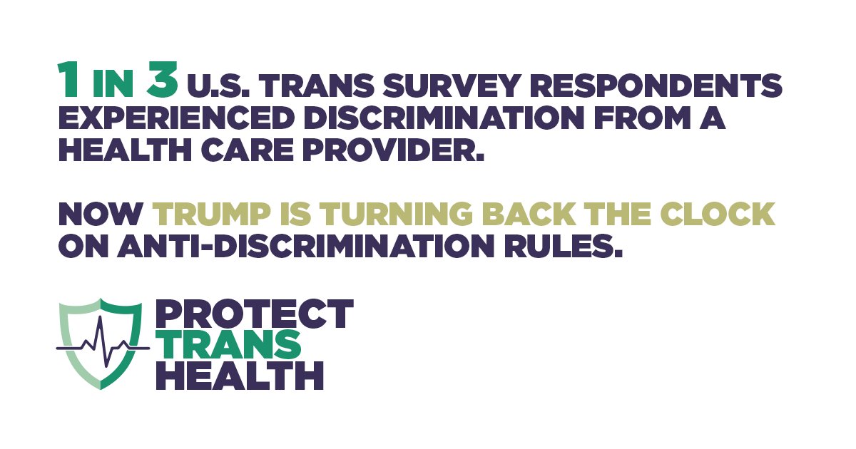 TransEquality's tweet photo. In the past year, 1 in 3 #transgender people experienced discrimination from a doctor. Now, the Trump-Pence Administration wants to let doctors pick &amp; choose who deserves care. It’s time to tell HHS to #ProtectTransHealth! Visit https://t.co/w7BMxjIn3v for more info. https://t.co/atOqVirZit